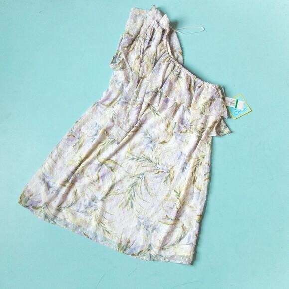 NEW Cece Purple One Shoulder Baja Palm Print Ruffle Neck Shift Dress Size Large - Picture 3 of 10